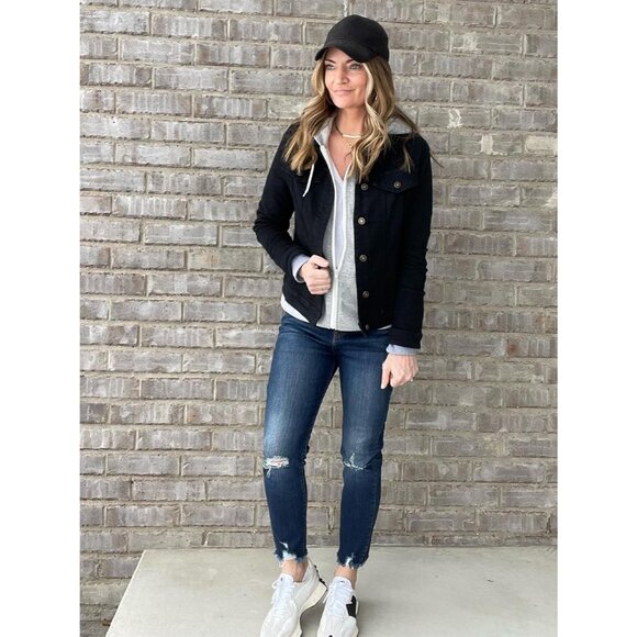 Women's Button Down Stretch Fitted Long Sleeves Denim Jean Jacket Always Black - Picture 6 of 8